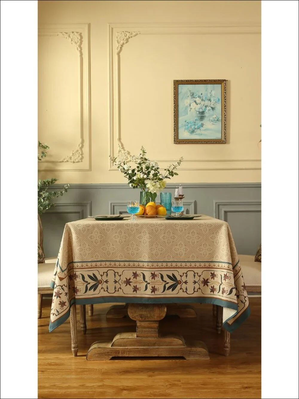 Linen Polyester Rectangular Tablecloth 87x55 Farmhouse Floral Dining Table Cover